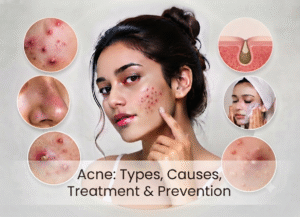 A composite educational infographic titled "Acne: Types, Causes, Treatment & Prevention." The image features a central portrait of a young woman pointing to an active acne breakout on her cheek. She is surrounded by six detailed circular insets: three on the left showing various close-ups of skin conditions (pustules, blackheads on a nose, a large inflamed pustule), and three on the right illustrating the biology of a pore, a person washing their face, and a close-up of healing acne.