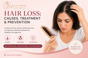 Woman examining hair loss with a hairbrush, alongside information about hair loss causes, treatment options, and prevention by Rejuvenare Dermatology.