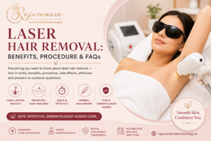 Woman undergoing laser hair removal treatment on the underarm at Rejuvenare Dermatology, highlighting the benefits, procedure, safety, and dermatologist-guided laser hair reduction.