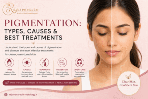 Woman with facial pigmentation showing before-and-after skin appearance, highlighting pigmentation types, causes, and dermatologist-guided treatments by Rejuvenare Dermatology.