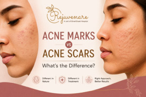 Acne marks and acne scars compared side by side, showing pigmentation versus uneven skin texture on the cheeks