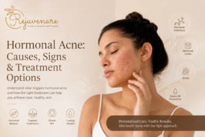 Young woman with hormonal acne on cheek, showing acne-prone skin and symptoms of hormonal acne