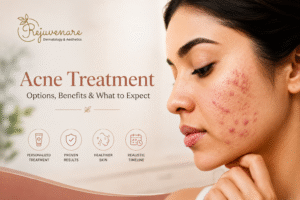 Acne treatment options showing a woman with active acne and inflamed skin on her cheek