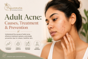 Adult acne on a woman's face showing breakouts and acne-prone skin